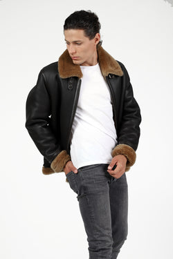 Image of Fliegerjacke aus Lammfell für Herren, seidiges Braun mit Ginger Wool