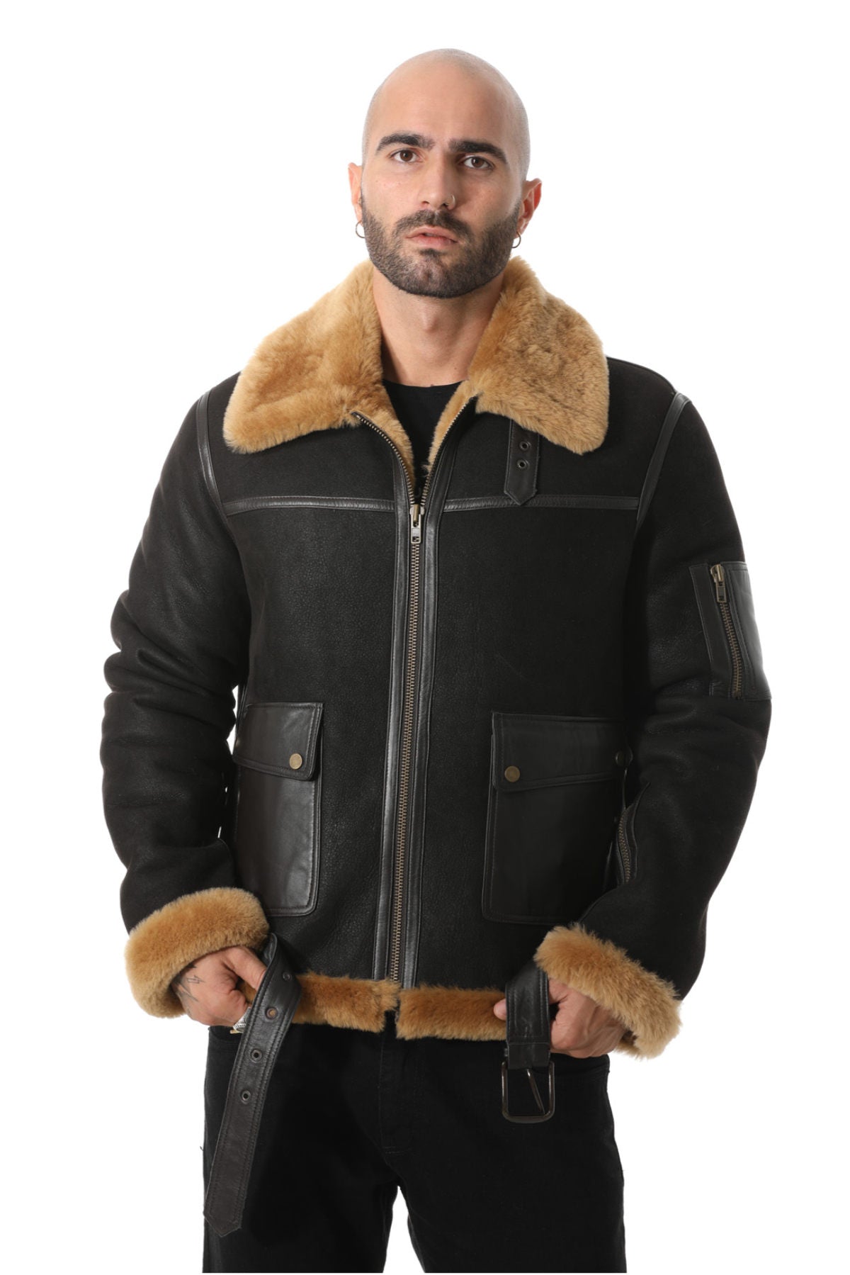 Pilotenjacke aus Shearling-Gürtel für Herren, verwaschenes Braun mit Ingwerwolle