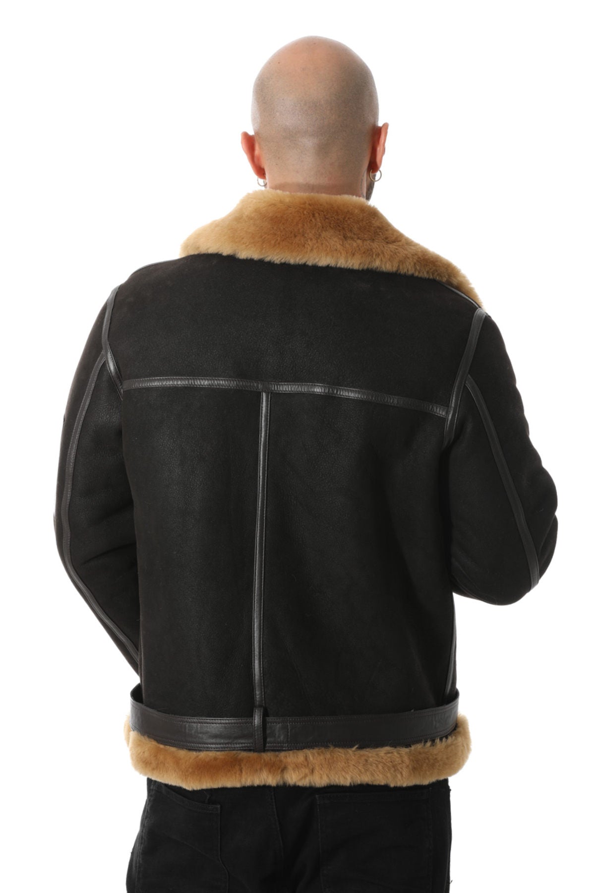 Pilotenjacke aus Shearling-Gürtel für Herren, verwaschenes Braun mit Ingwerwolle