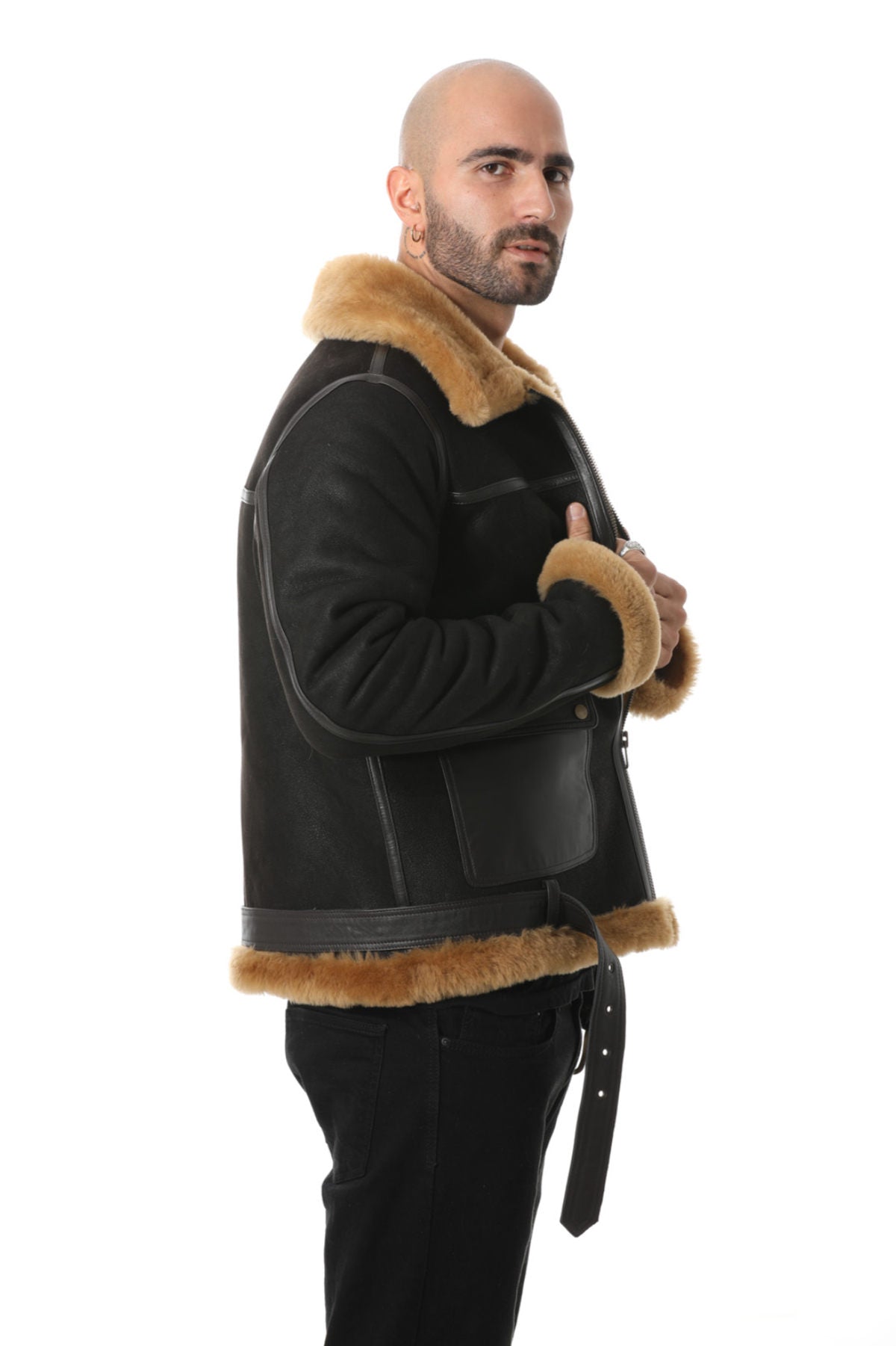 Pilotenjacke aus Shearling-Gürtel für Herren, verwaschenes Braun mit Ingwerwolle