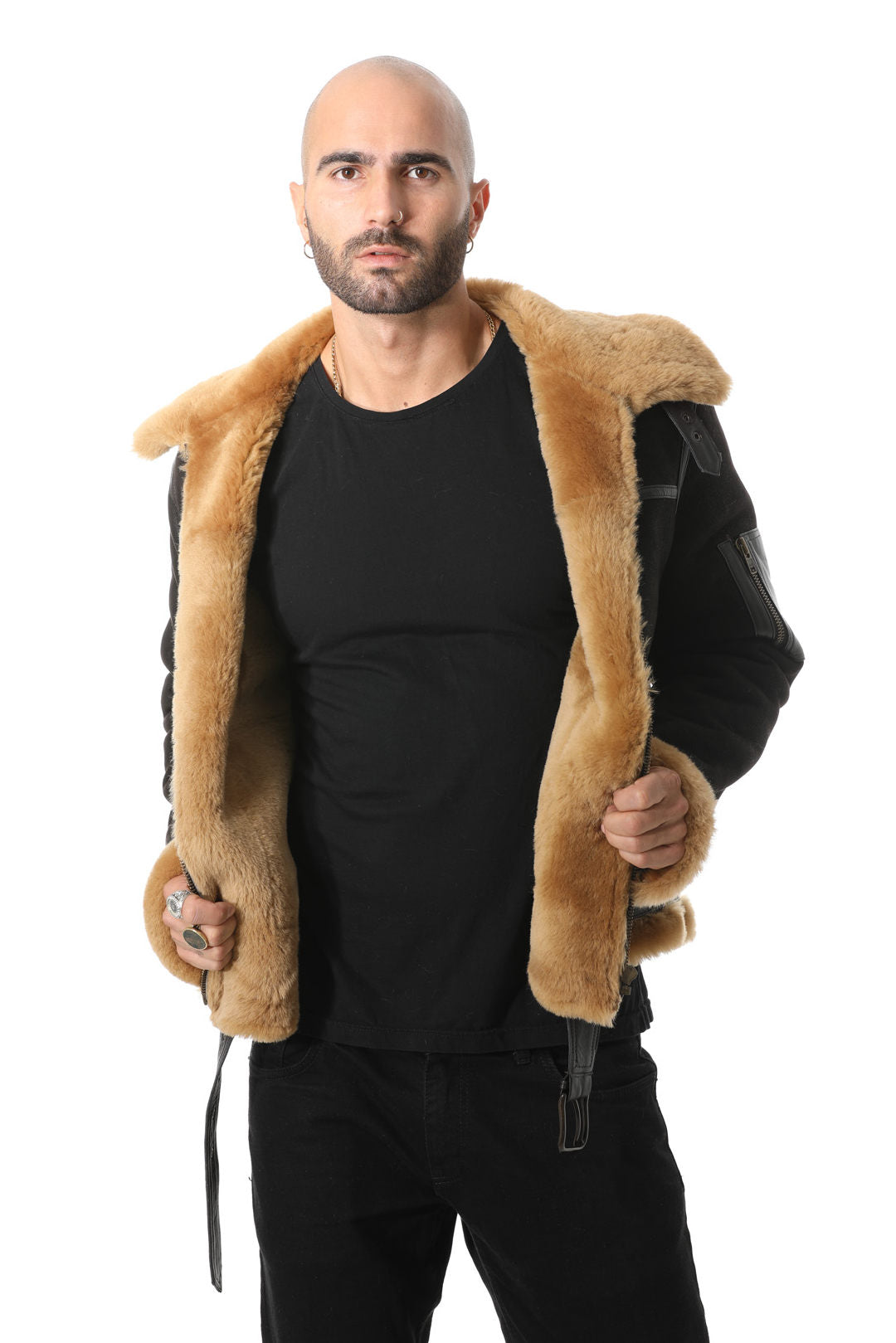 Pilotenjacke aus Shearling-Gürtel für Herren, verwaschenes Braun mit Ingwerwolle