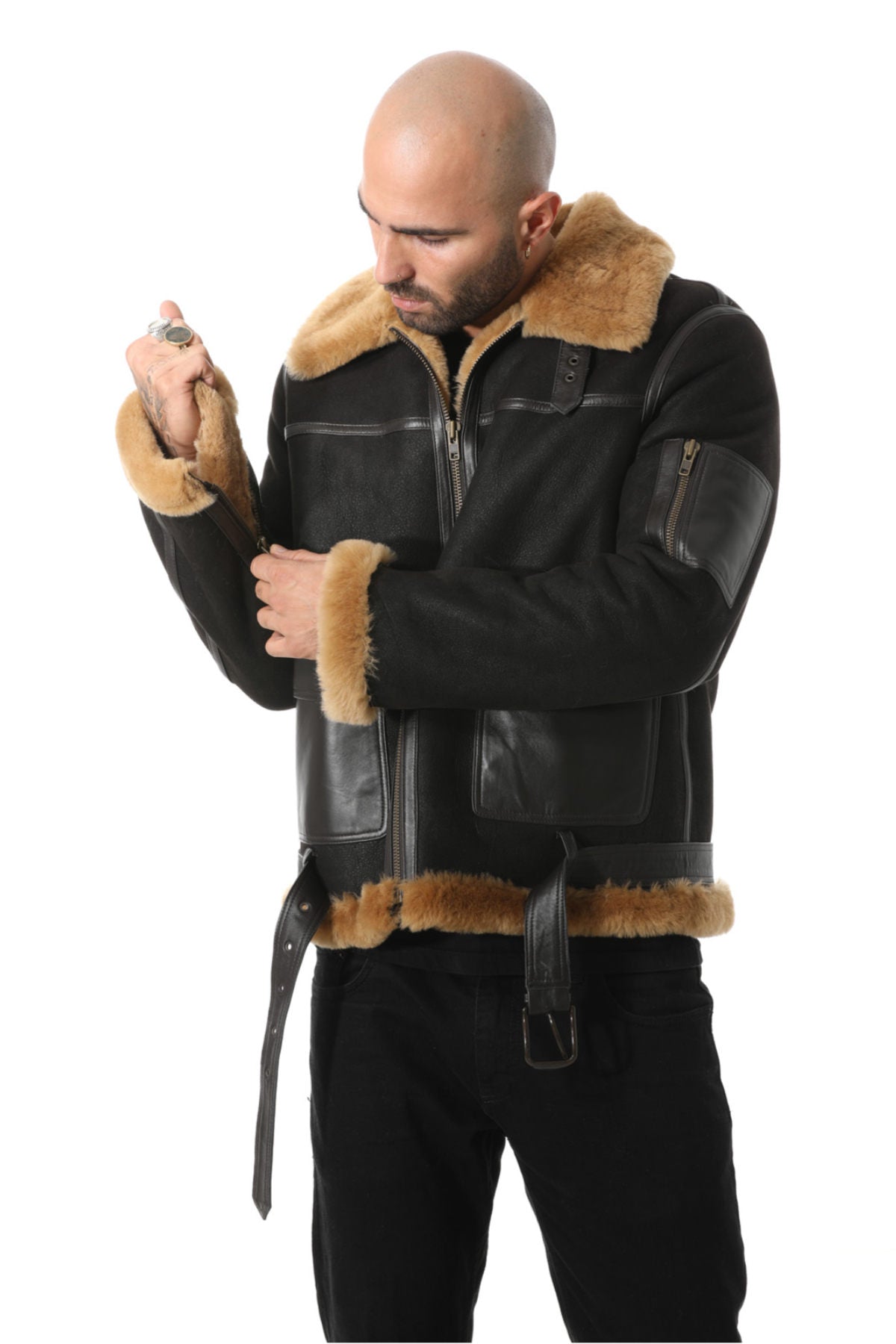 Pilotenjacke aus Shearling-Gürtel für Herren, verwaschenes Braun mit Ingwerwolle