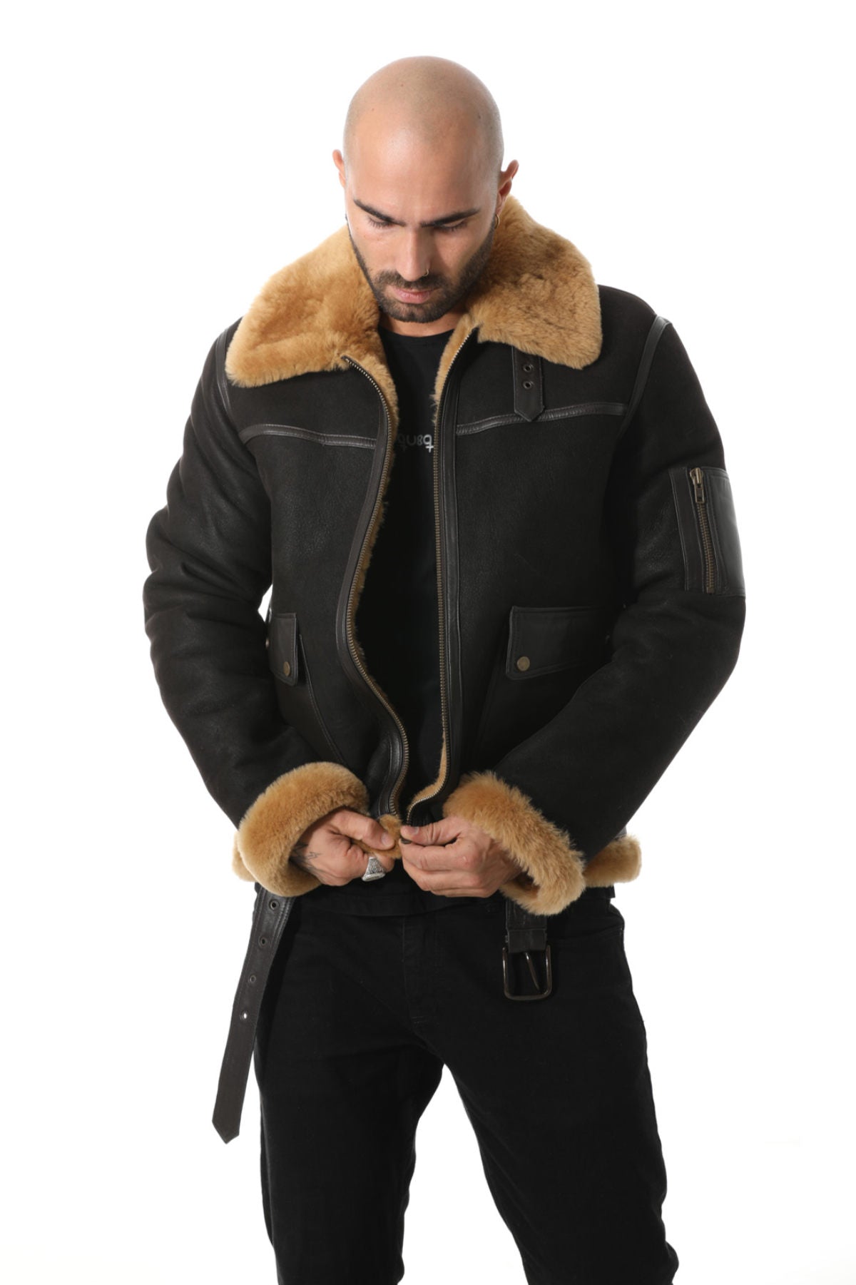 Pilotenjacke aus Shearling-Gürtel für Herren, verwaschenes Braun mit Ingwerwolle