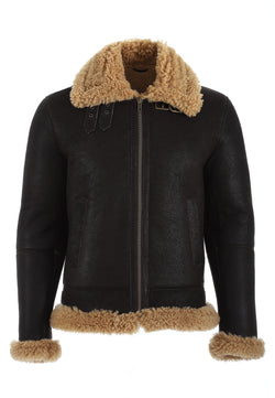 Image of Herren Shearling RAF B3 Fliegerjacke, Braun verwaschen mit Ginger Curly Wool