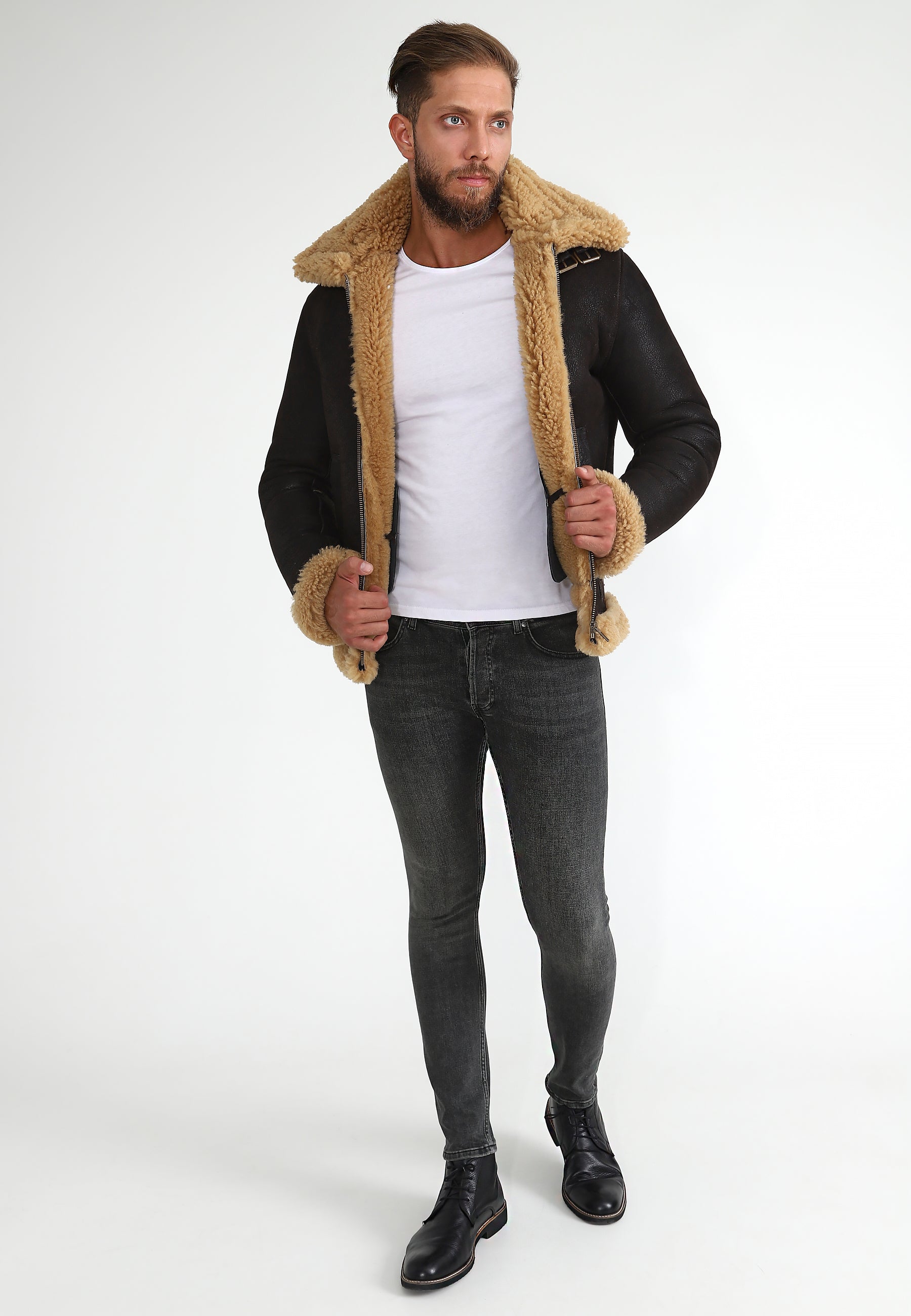 Herren Shearling RAF B3 Fliegerjacke, Braun verwaschen mit Ginger Curly Wool