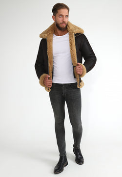 Image of Herren Shearling RAF B3 Fliegerjacke, Braun verwaschen mit Ginger Curly Wool