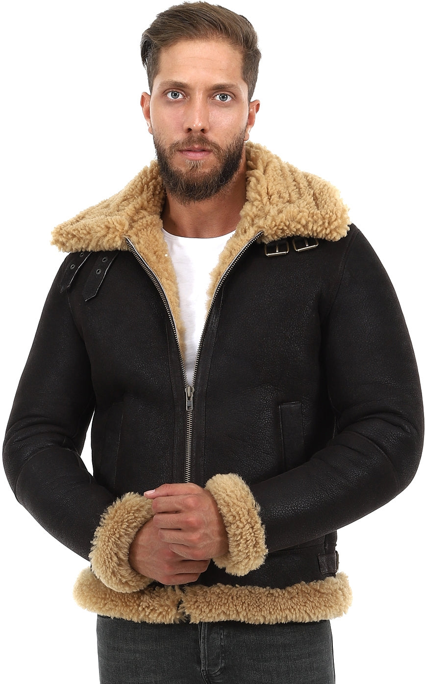 Herren Shearling RAF B3 Fliegerjacke, Braun verwaschen mit Ginger Curly Wool