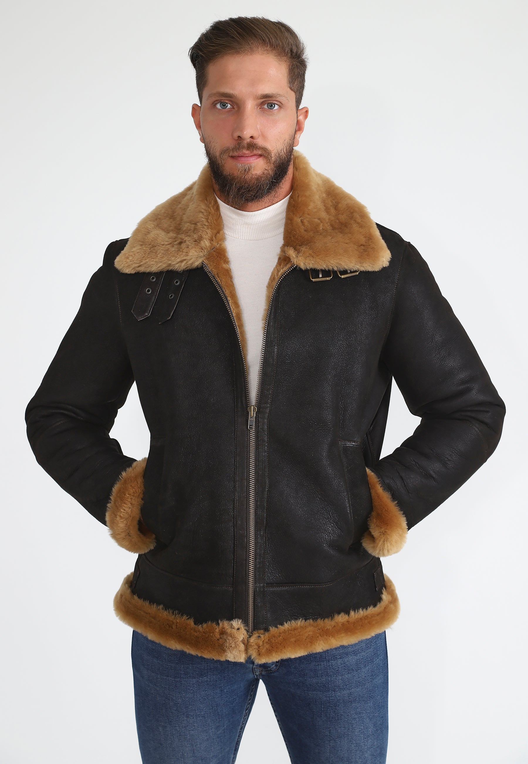 Herren Shearling RAF B3 Fliegerjacke, gewaschenes Braun mit Ingwerwolle