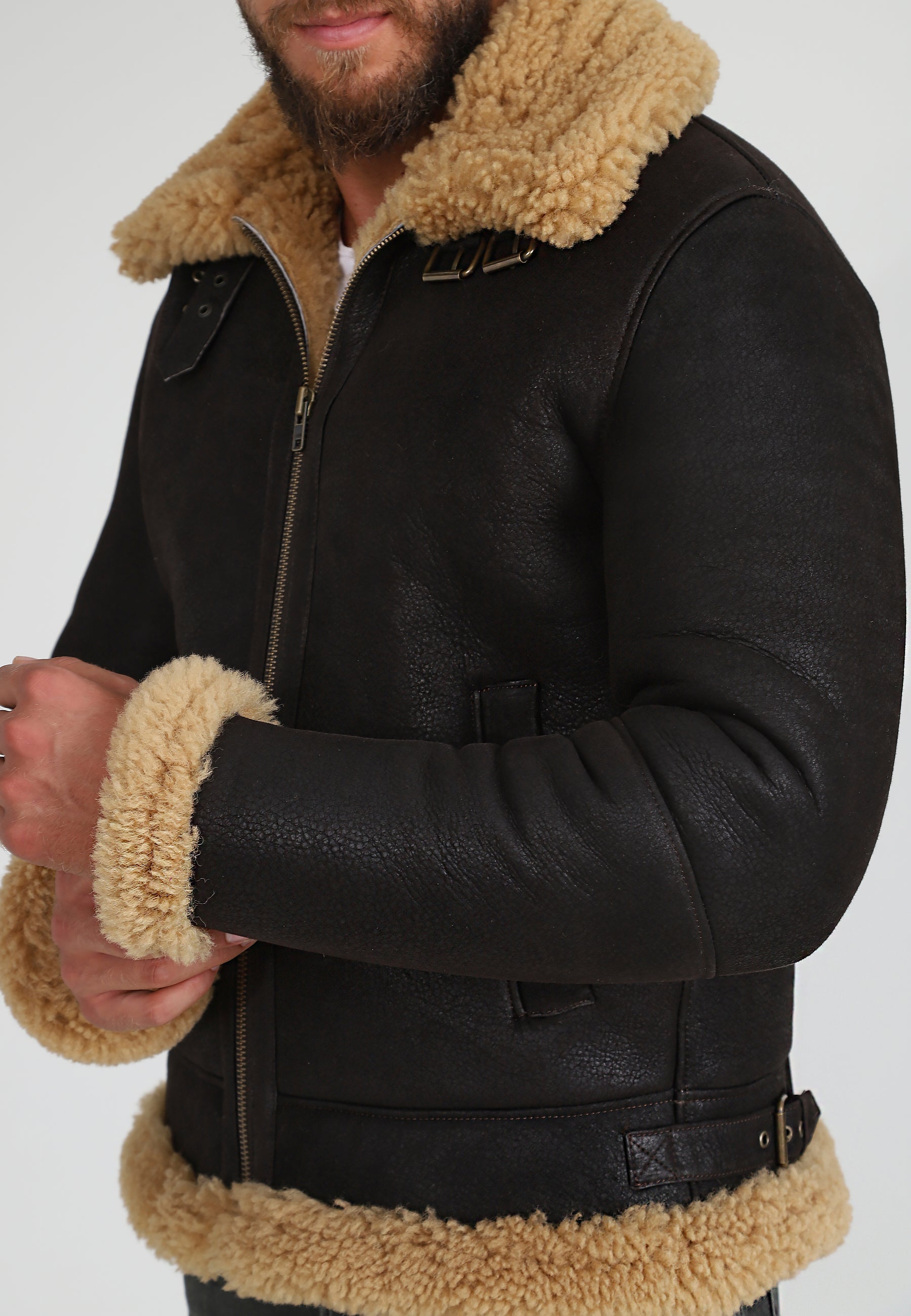 Herren Shearling RAF B3 Fliegerjacke, Braun verwaschen mit Ginger Curly Wool