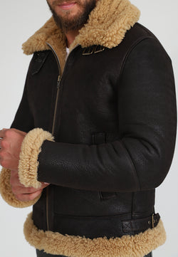 Image of Herren Shearling RAF B3 Fliegerjacke, Braun verwaschen mit Ginger Curly Wool