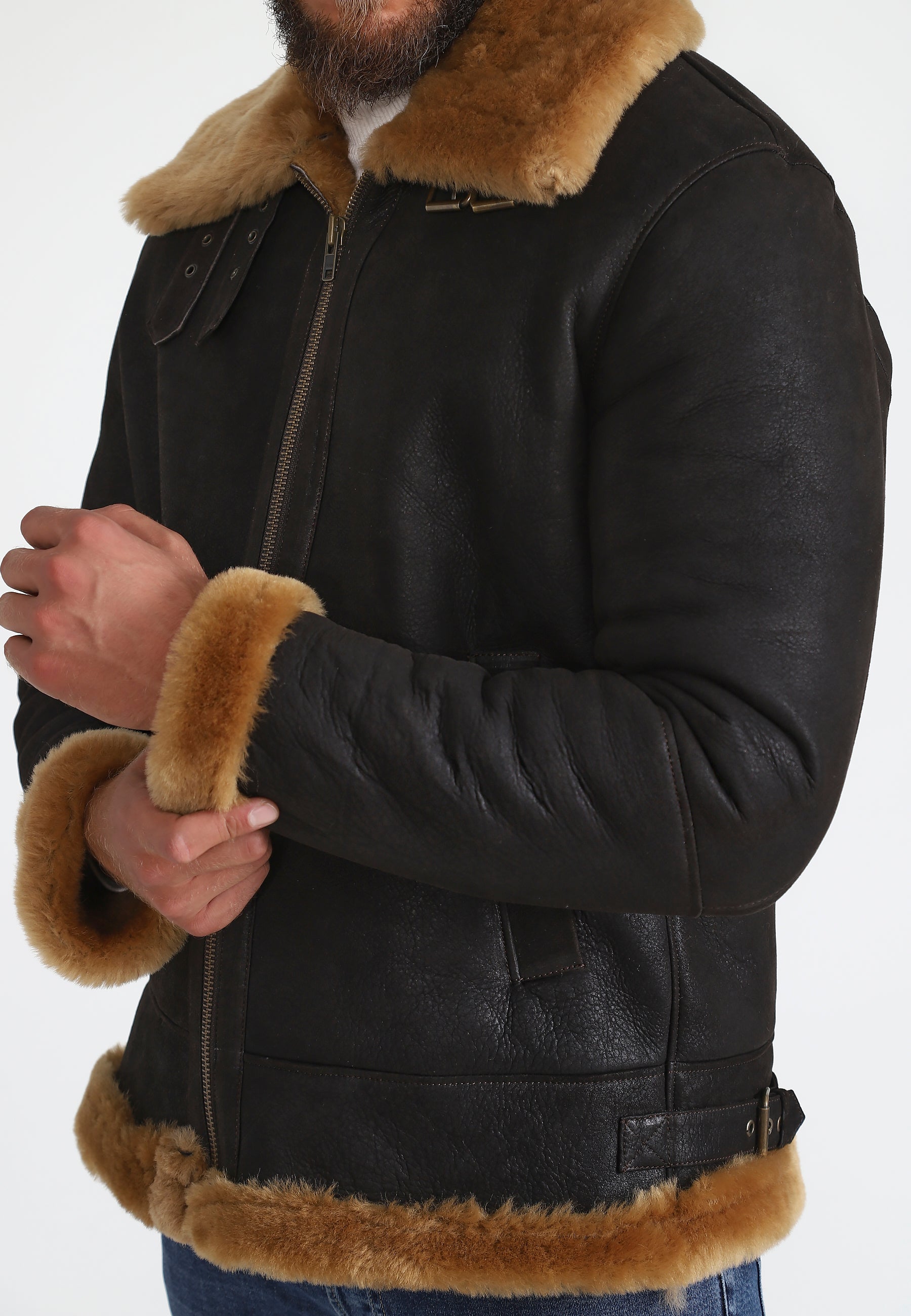 Herren Shearling RAF B3 Fliegerjacke, gewaschenes Braun mit Ingwerwolle