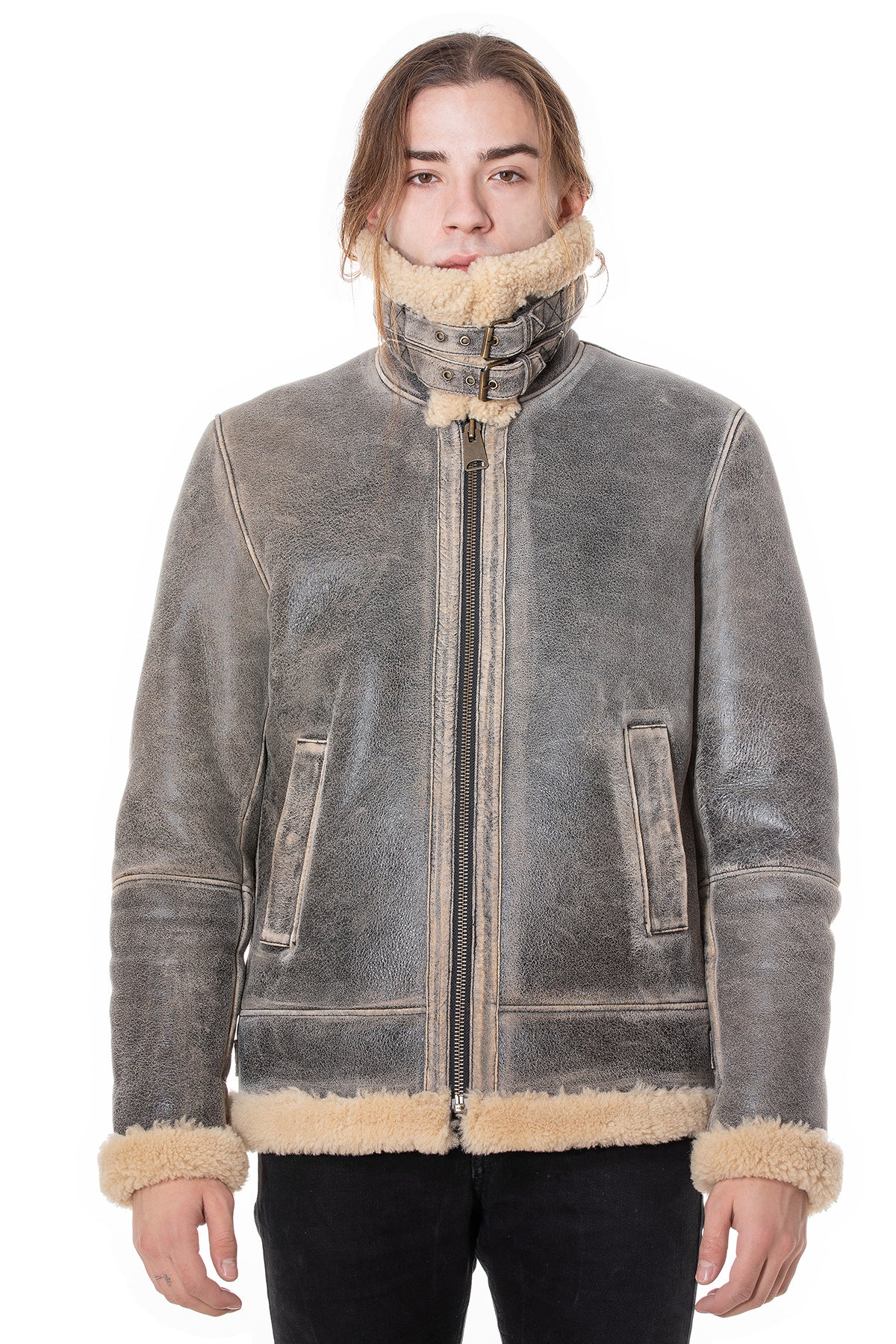 Herren Shearling RAF B3 Fliegerjacke, Distressed Grey mit beige gelockter Wolle