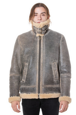 Image of Herren Shearling RAF B3 Fliegerjacke, Distressed Grey mit beige gelockter Wolle