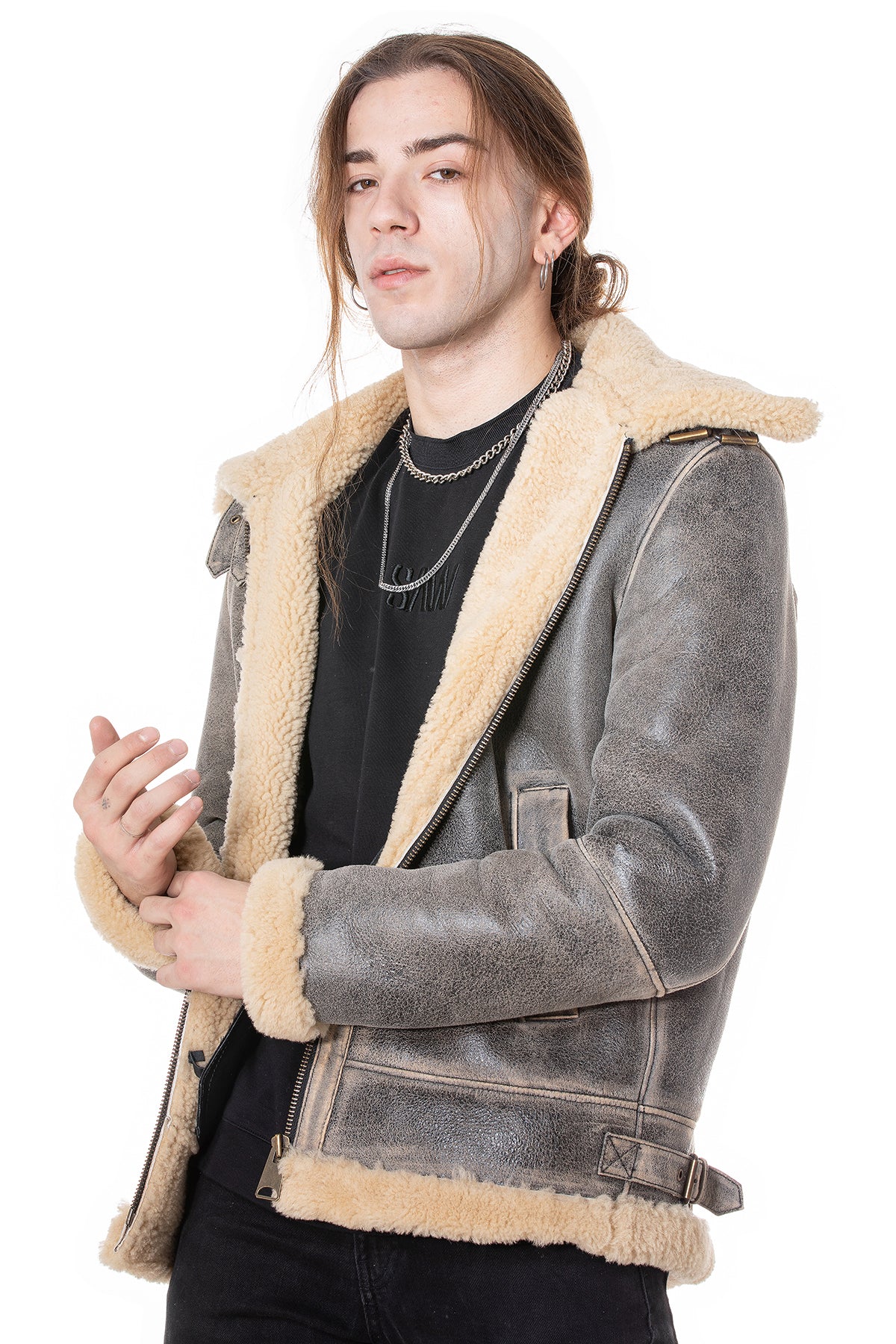 Herren Shearling RAF B3 Fliegerjacke, Distressed Grey mit beige gelockter Wolle