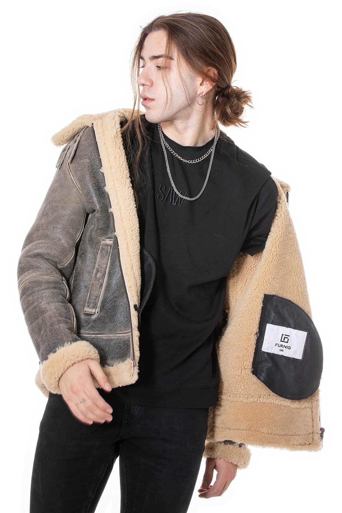 Herren Shearling RAF B3 Fliegerjacke, Distressed Grey mit beige gelockter Wolle