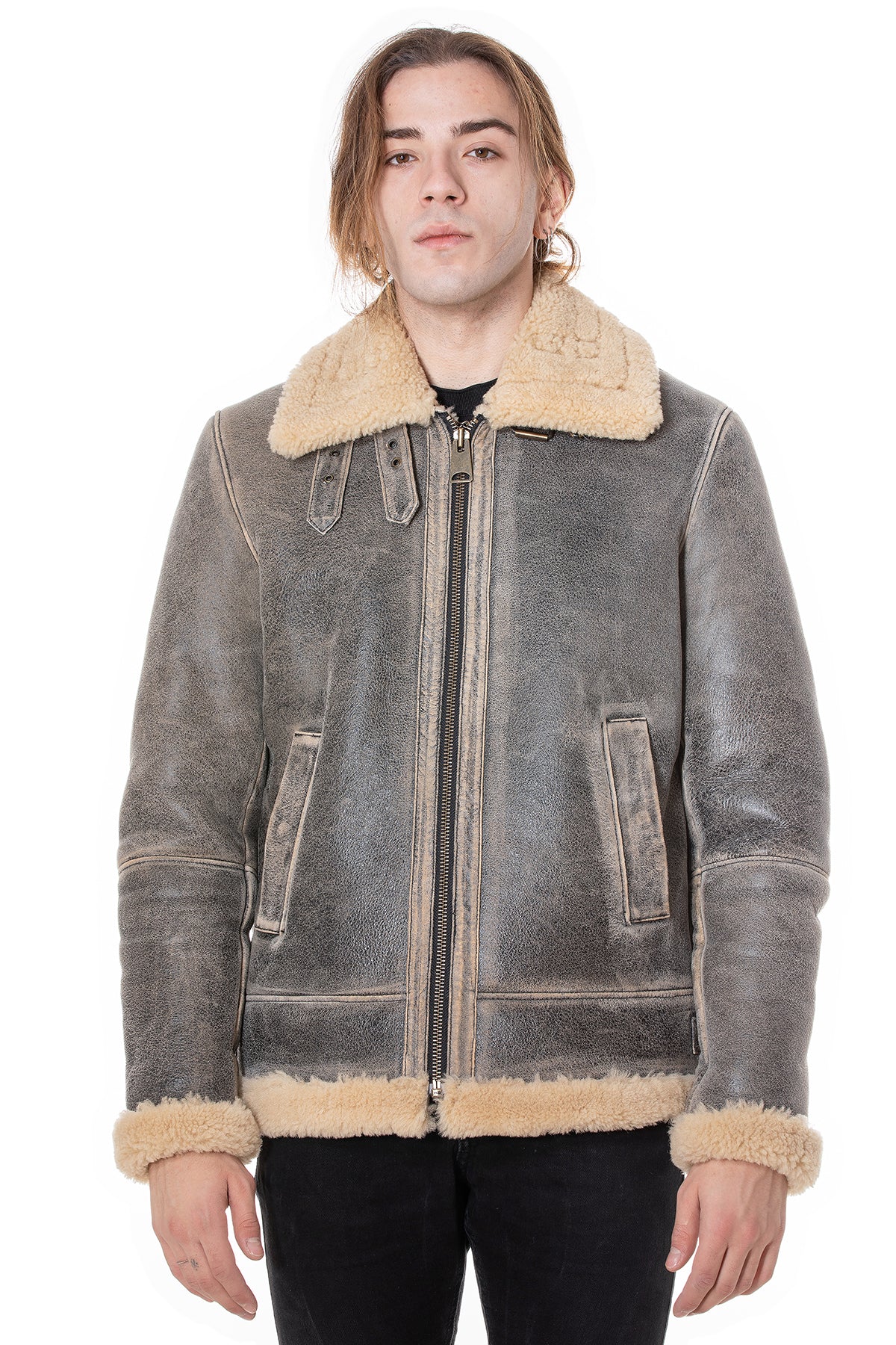 Herren Shearling RAF B3 Fliegerjacke, Distressed Grey mit beige gelockter Wolle