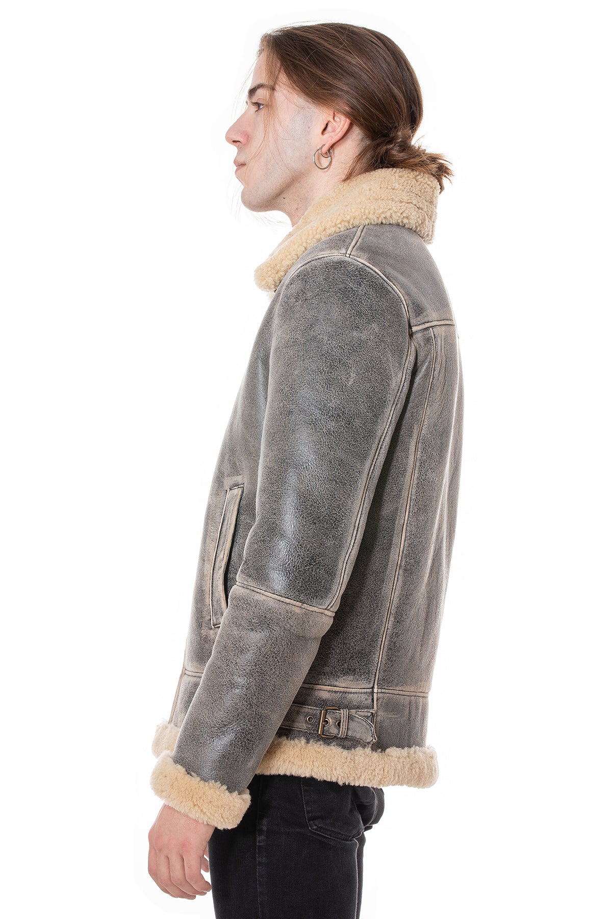 Herren Shearling RAF B3 Fliegerjacke, Distressed Grey mit beige gelockter Wolle