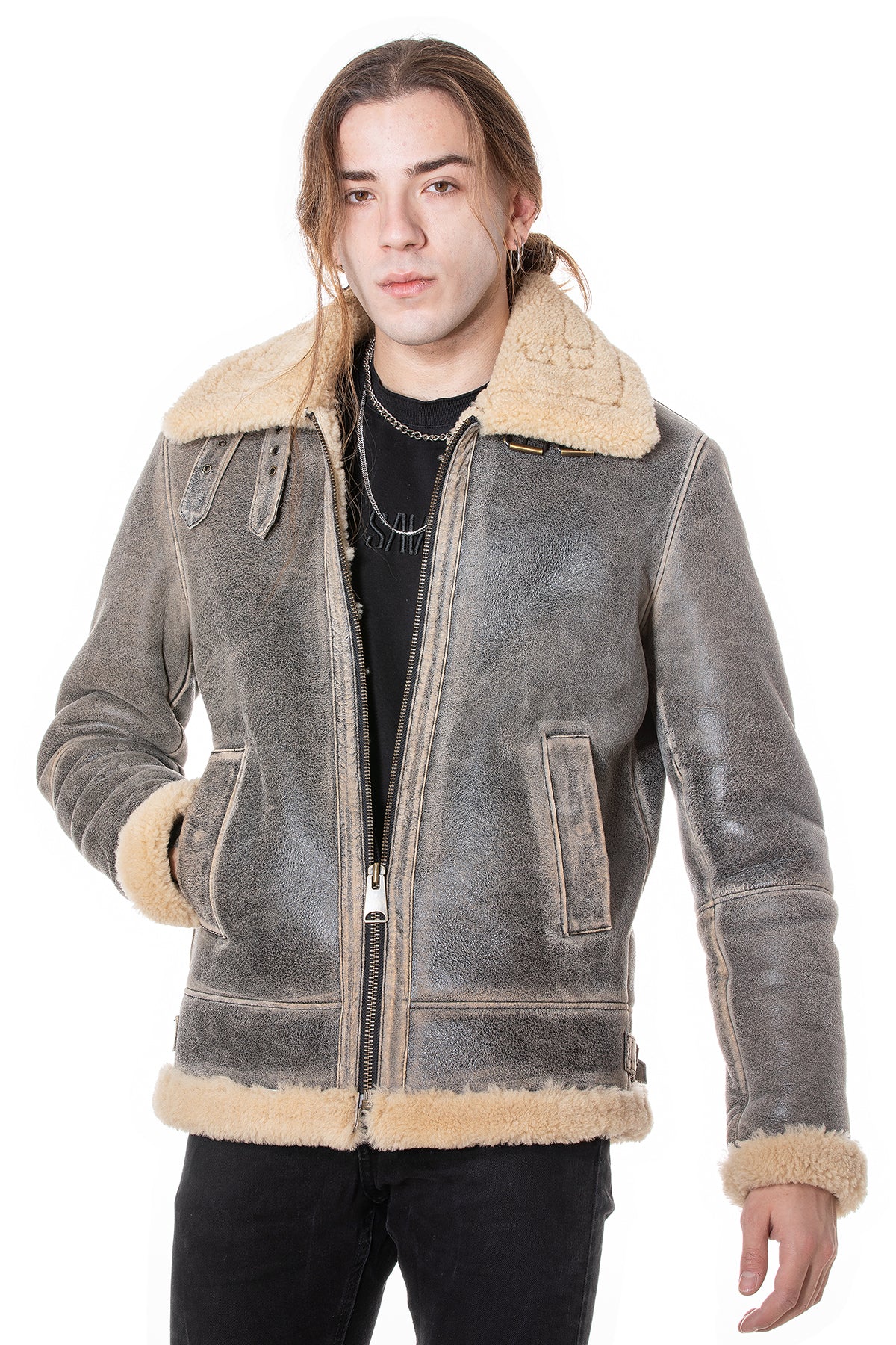 Herren Shearling RAF B3 Fliegerjacke, Distressed Grey mit beige gelockter Wolle