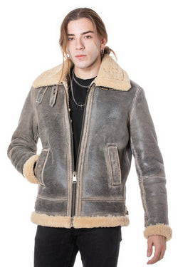 Image of Herren Shearling RAF B3 Fliegerjacke, Distressed Grey mit beige gelockter Wolle