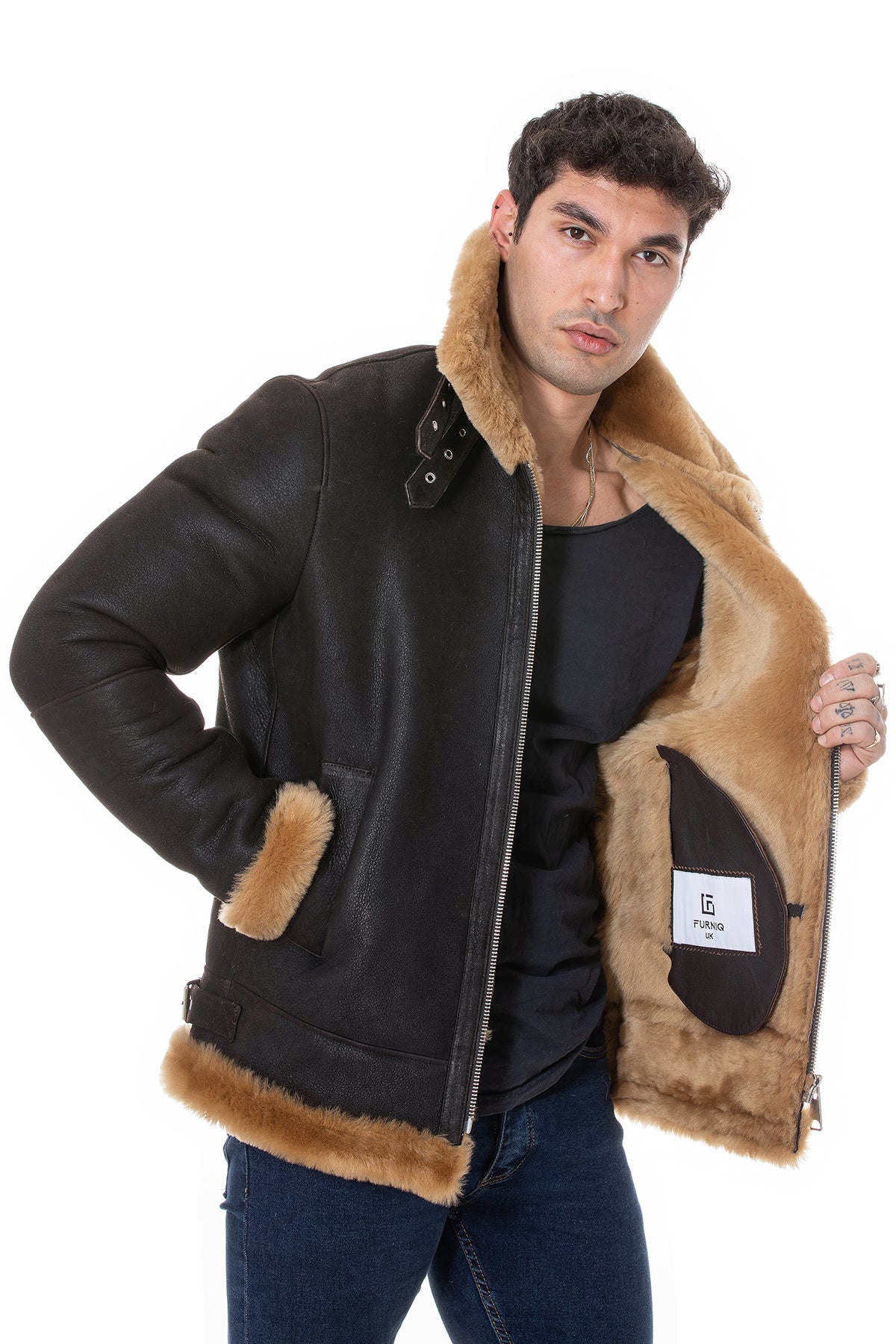 Herren Shearling RAF B3 Fliegerjacke, gewaschenes Braun mit Ingwerwolle