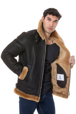 Image of Herren Shearling RAF B3 Fliegerjacke, gewaschenes Braun mit Ingwerwolle