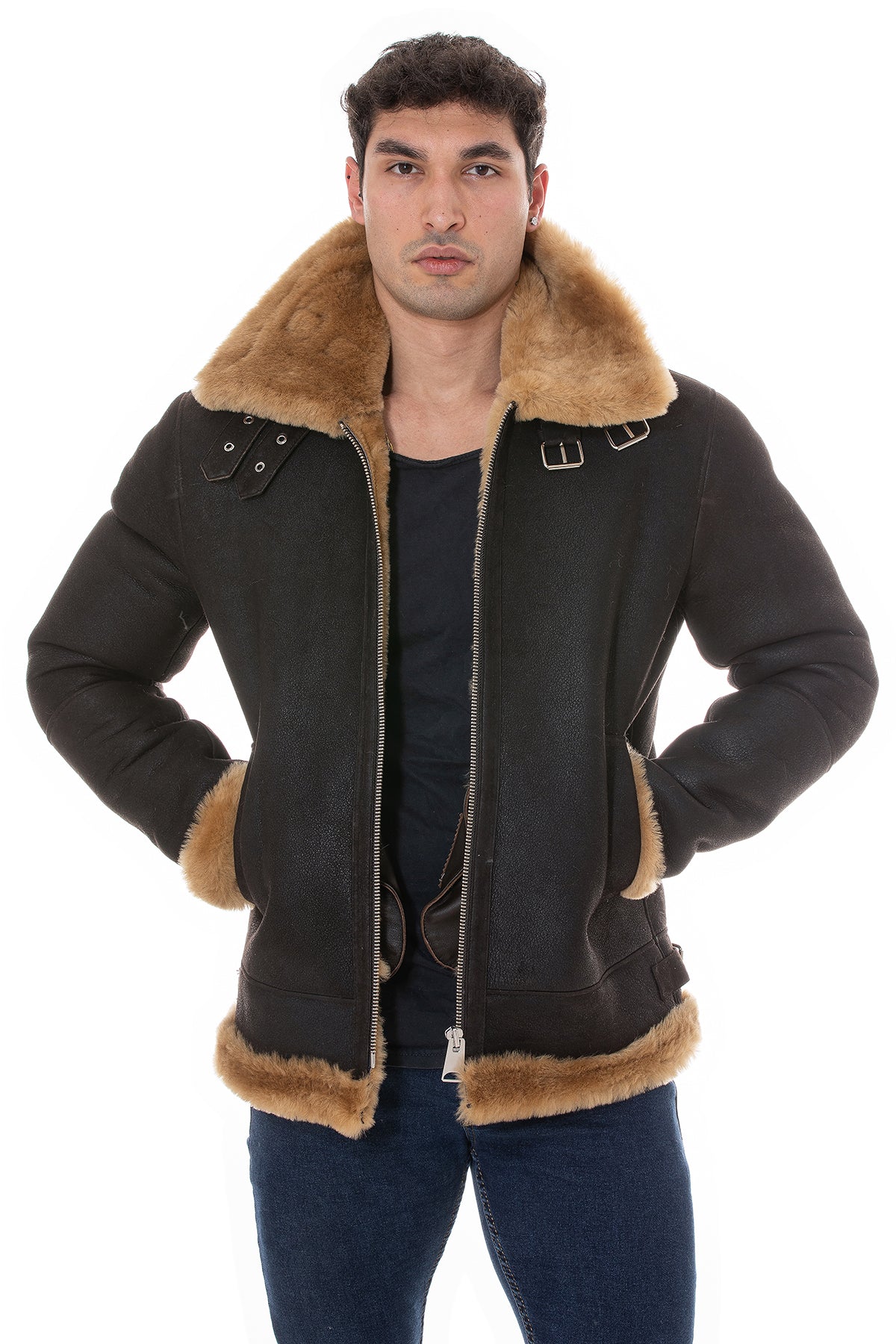 Herren Shearling RAF B3 Fliegerjacke, gewaschenes Braun mit Ingwerwolle