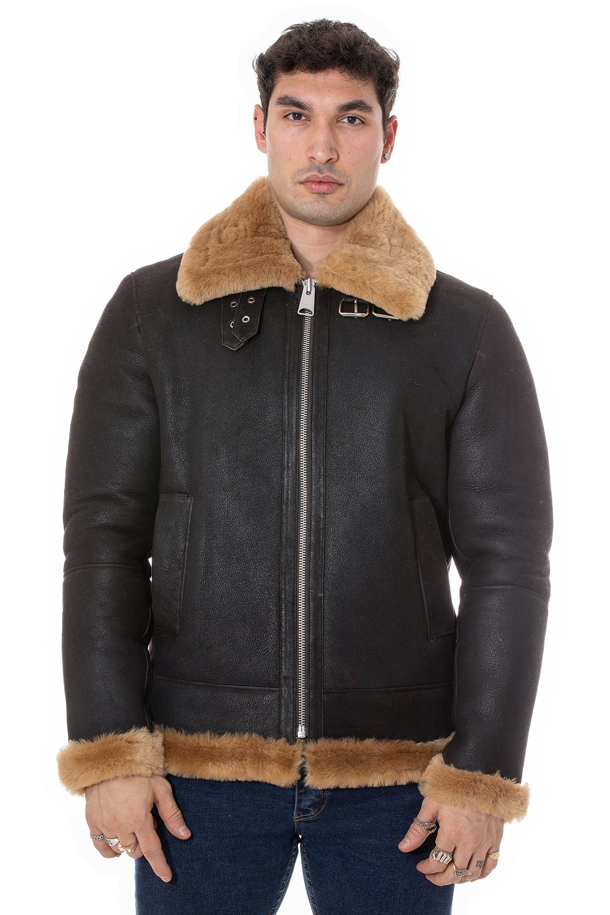 Herren Shearling RAF B3 Fliegerjacke, gewaschenes Braun mit Ingwerwolle