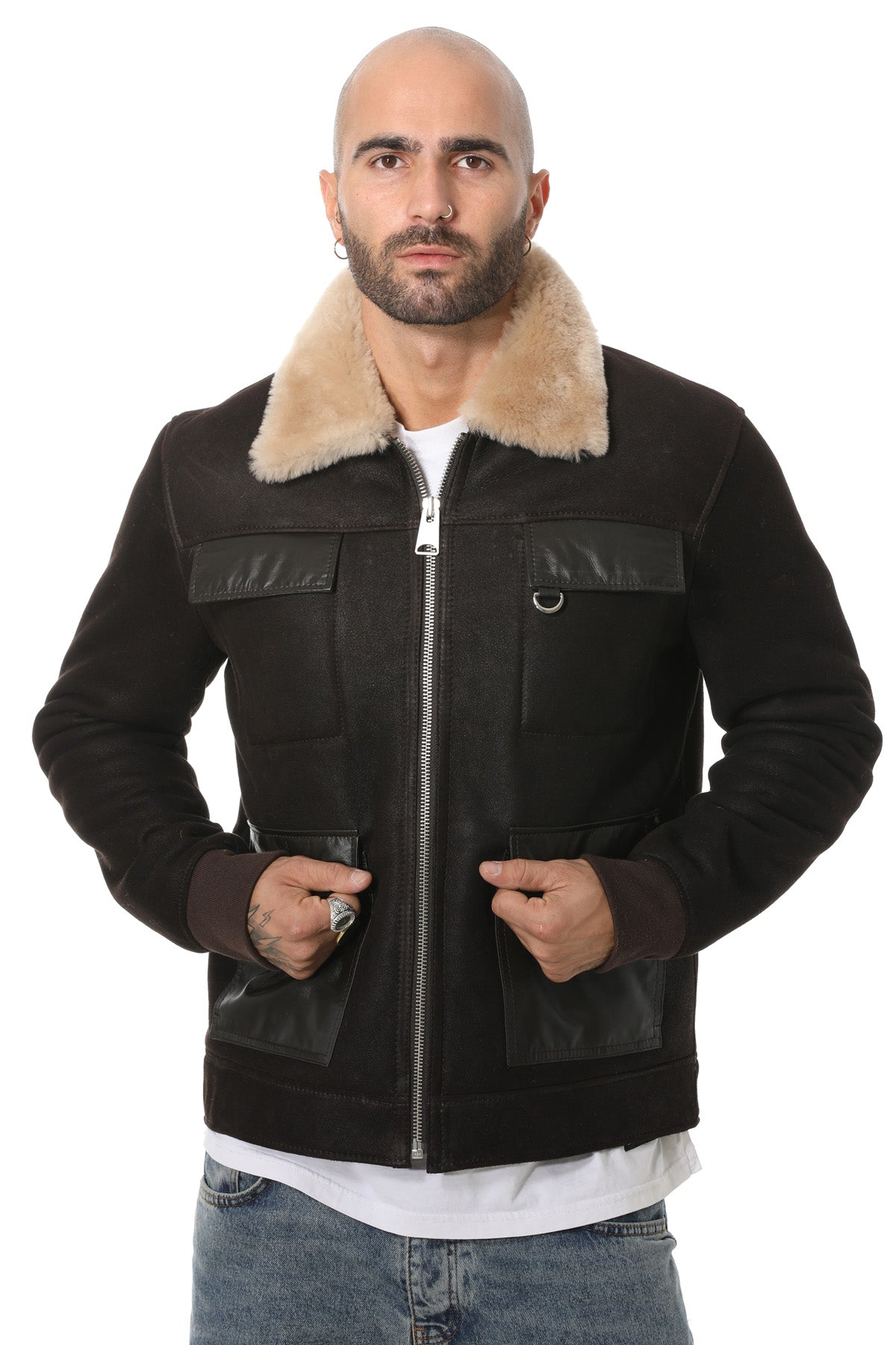 Men's Shearling Bomber Jacket, Washed Brown With Champagne Wool