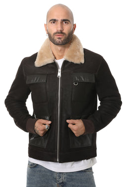 Image of Men's Shearling Bomber Jacket, Washed Brown With Champagne Wool