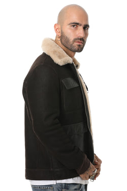 Image of Men's Shearling Bomber Jacket, Washed Brown With Champagne Wool