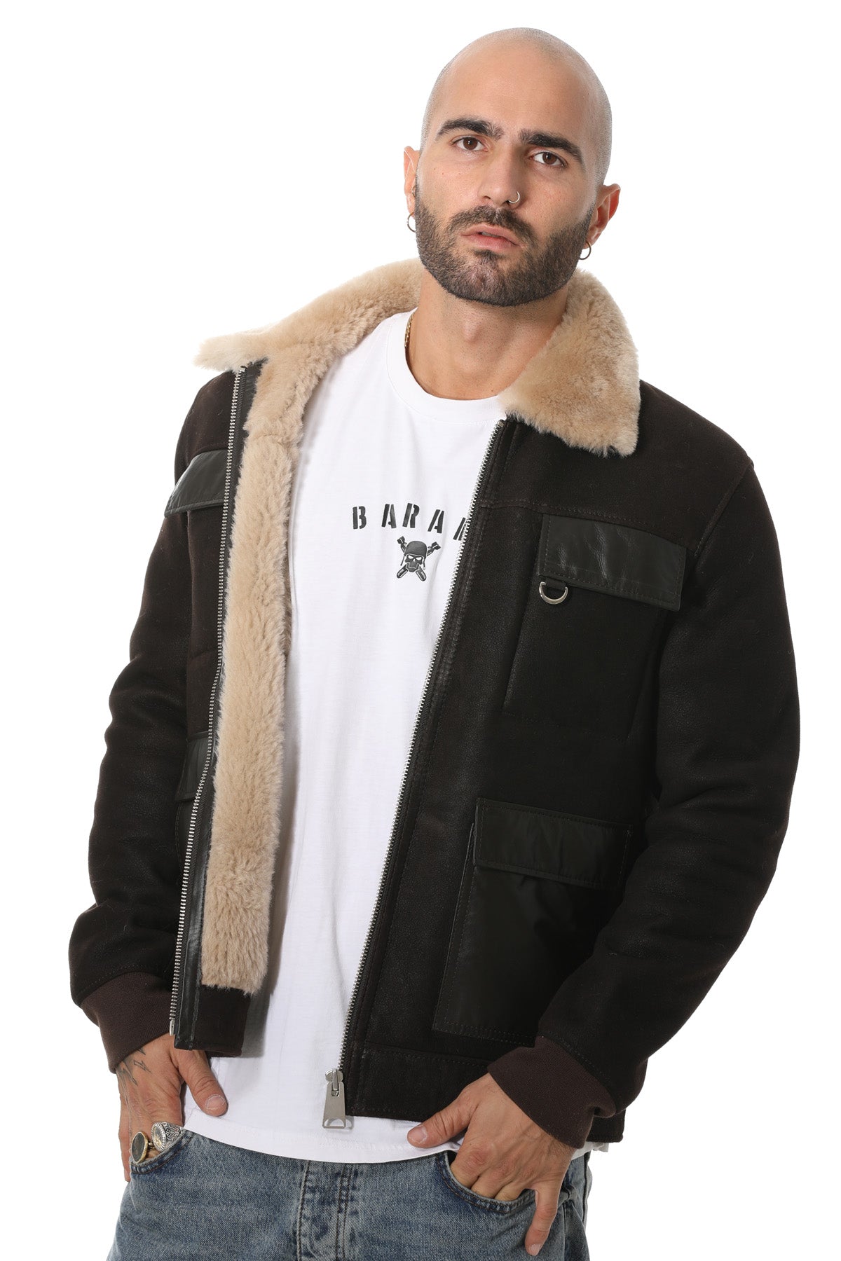 Men's Shearling Bomber Jacket, Washed Brown With Champagne Wool