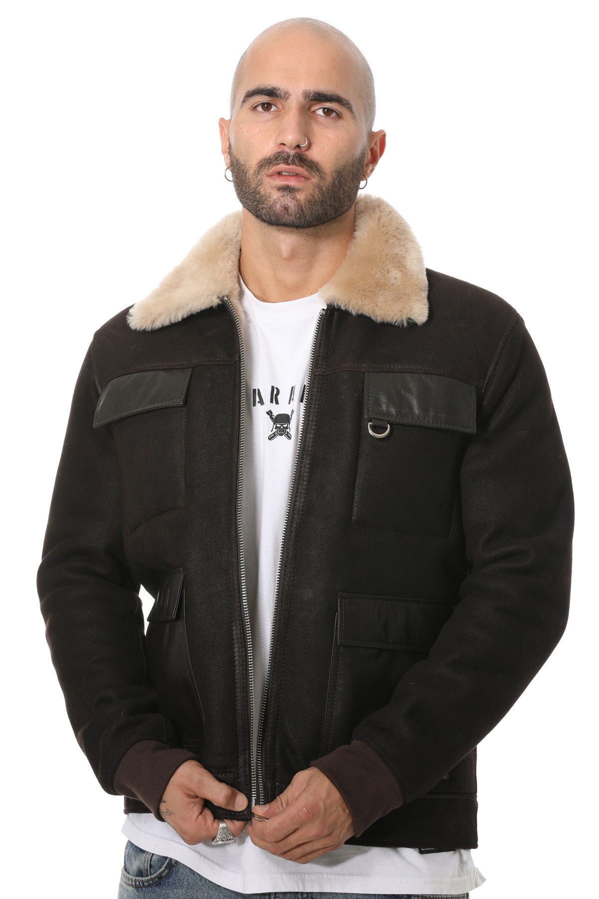 Men's Shearling Bomber Jacket, Washed Brown With Champagne Wool