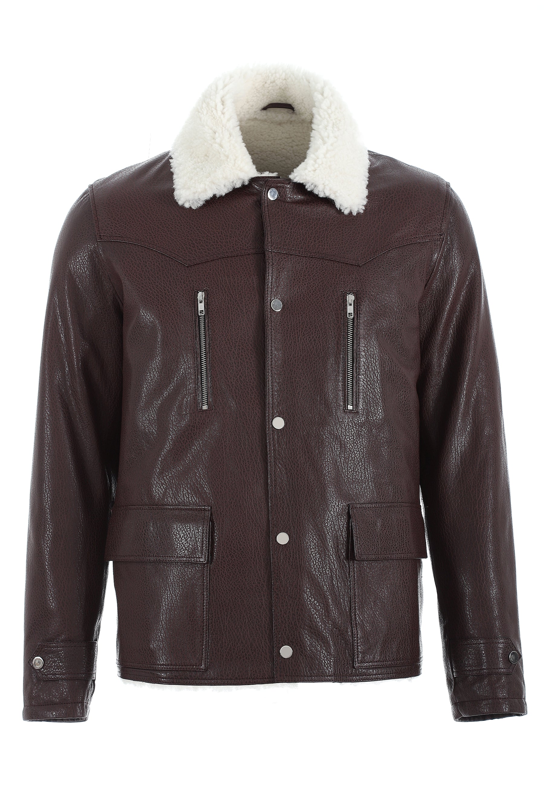 Herrenmantel aus echtem Leder mit Shearling-Futter, bordeauxrotem Nappa und weißer Wolle