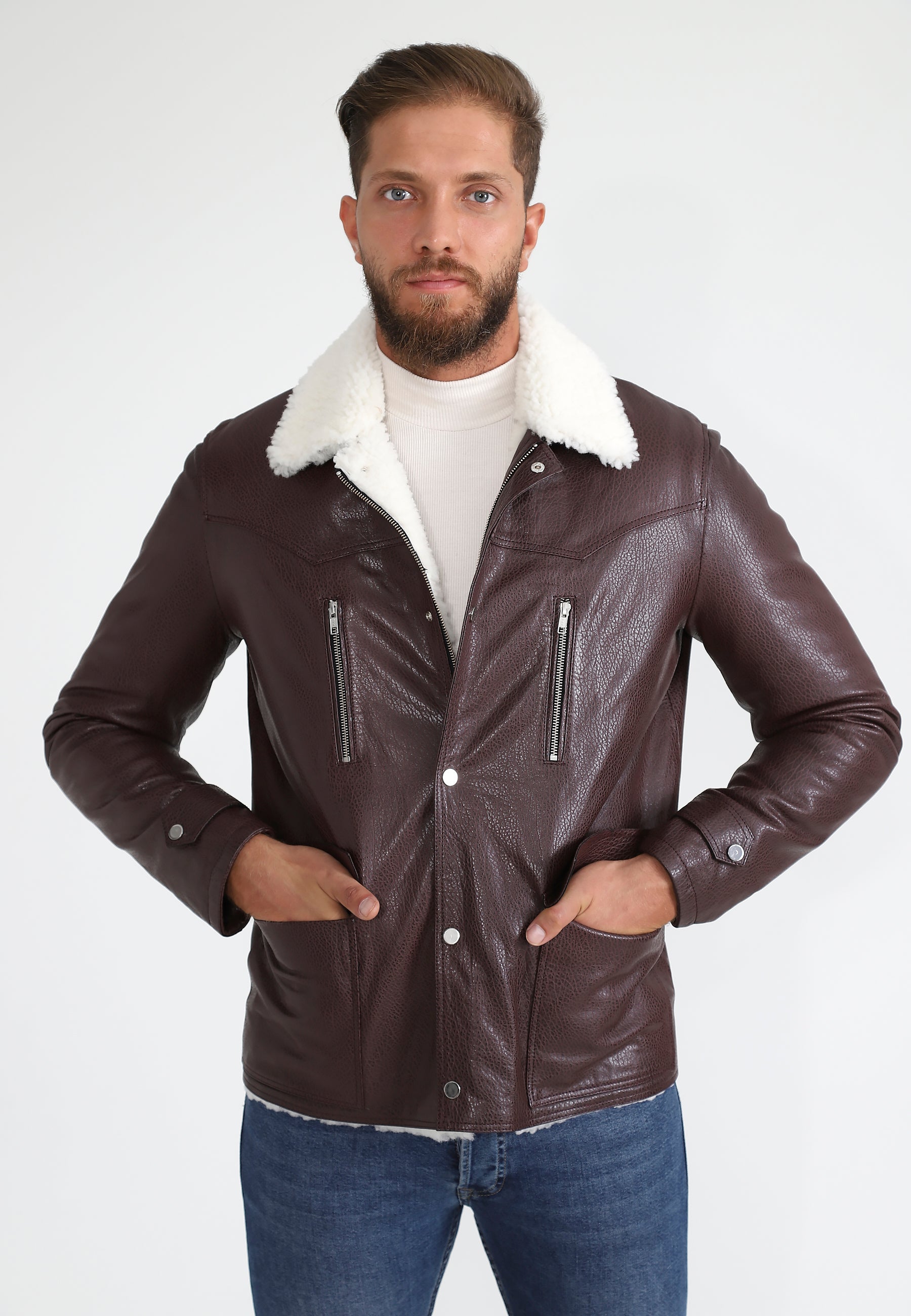 Herrenmantel aus echtem Leder mit Shearling-Futter, bordeauxrotem Nappa und weißer Wolle