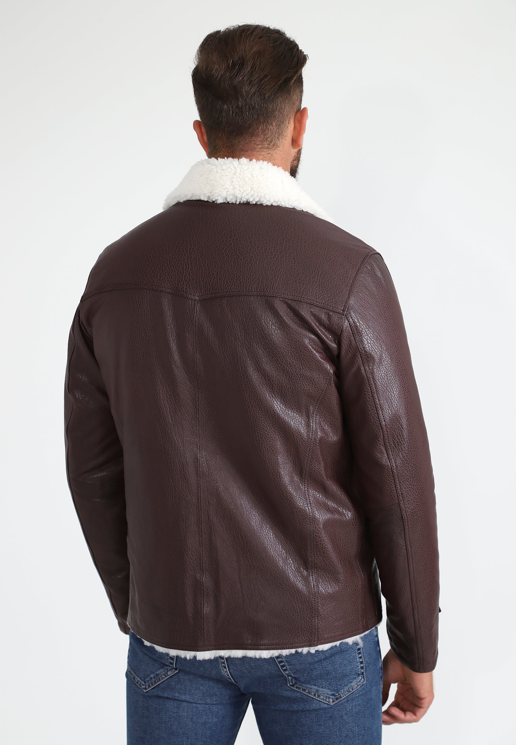 Herrenmantel aus echtem Leder mit Shearling-Futter, bordeauxrotem Nappa und weißer Wolle