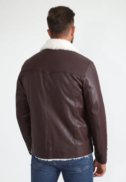 Image of Herrenmantel aus echtem Leder mit Shearling-Futter, bordeauxrotem Nappa und weißer Wolle