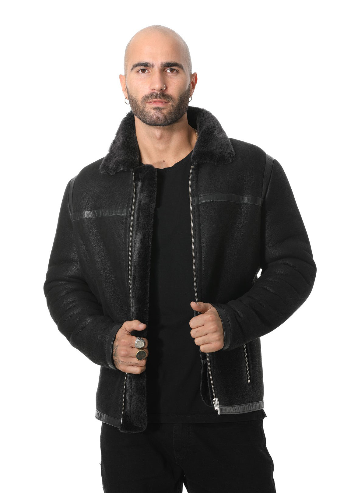 Freizeitjacke aus Leder mit Bändern aus Schaffell für Herren, schwarz gewaschen mit schwarzer Wolle