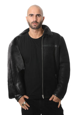 Image of Freizeitjacke aus Leder mit Bändern aus Schaffell für Herren, schwarz gewaschen mit schwarzer Wolle