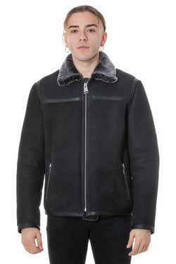 Image of Lässige Freizeitjacke aus Leder mit Bändern aus Schaffell für Herren, schwarzes Wildleder mit Brissa-Wolle