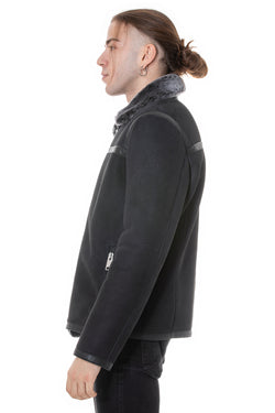 Image of Lässige Freizeitjacke aus Leder mit Bändern aus Schaffell für Herren, schwarzes Wildleder mit Brissa-Wolle