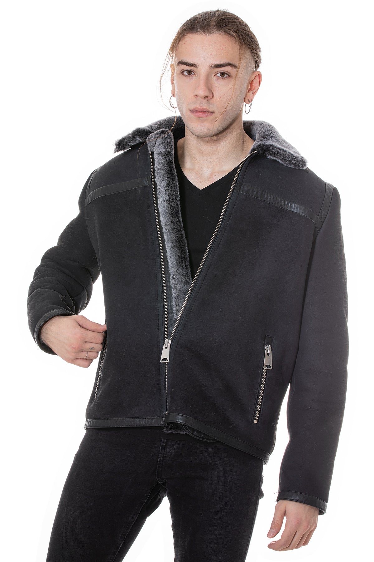 Lässige Freizeitjacke aus Leder mit Bändern aus Schaffell für Herren, schwarzes Wildleder mit Brissa-Wolle