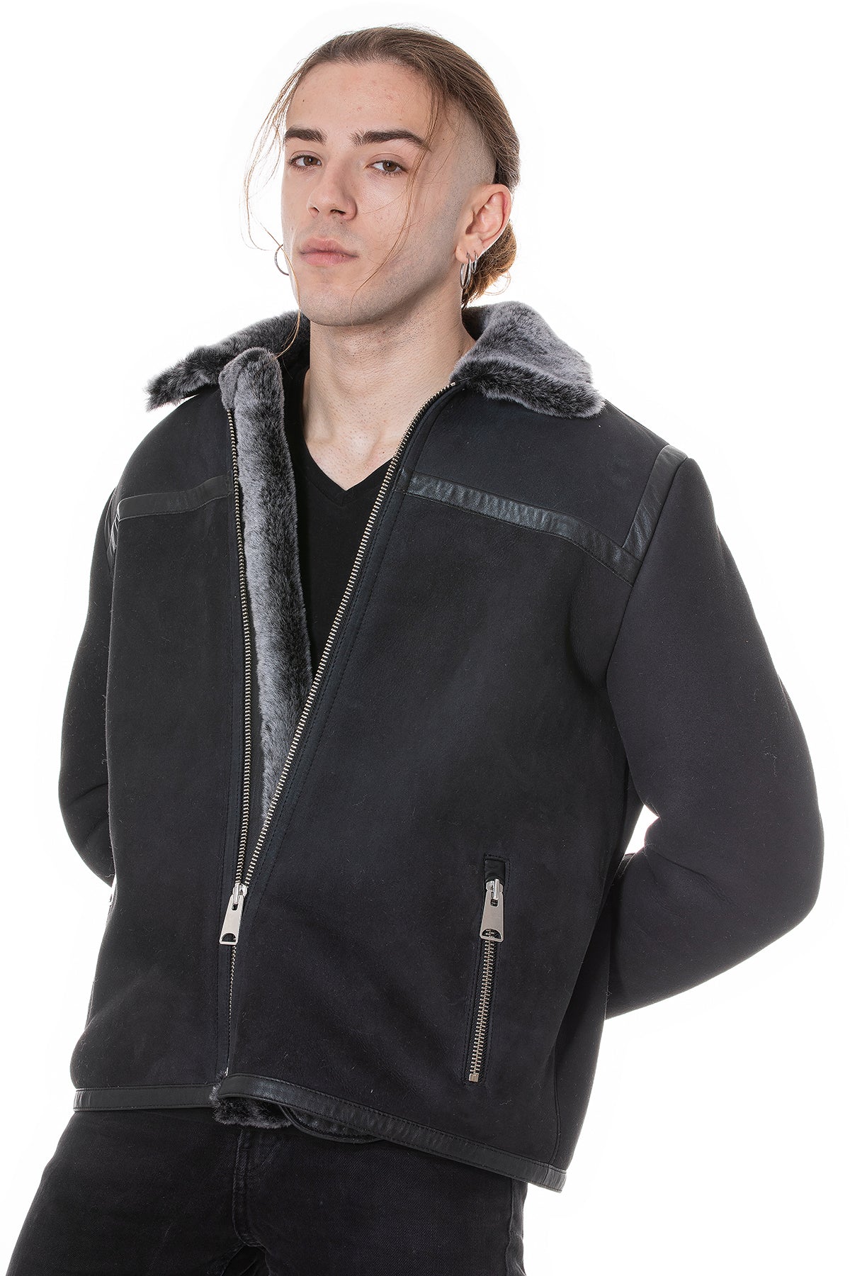 Lässige Freizeitjacke aus Leder mit Bändern aus Schaffell für Herren, schwarzes Wildleder mit Brissa-Wolle