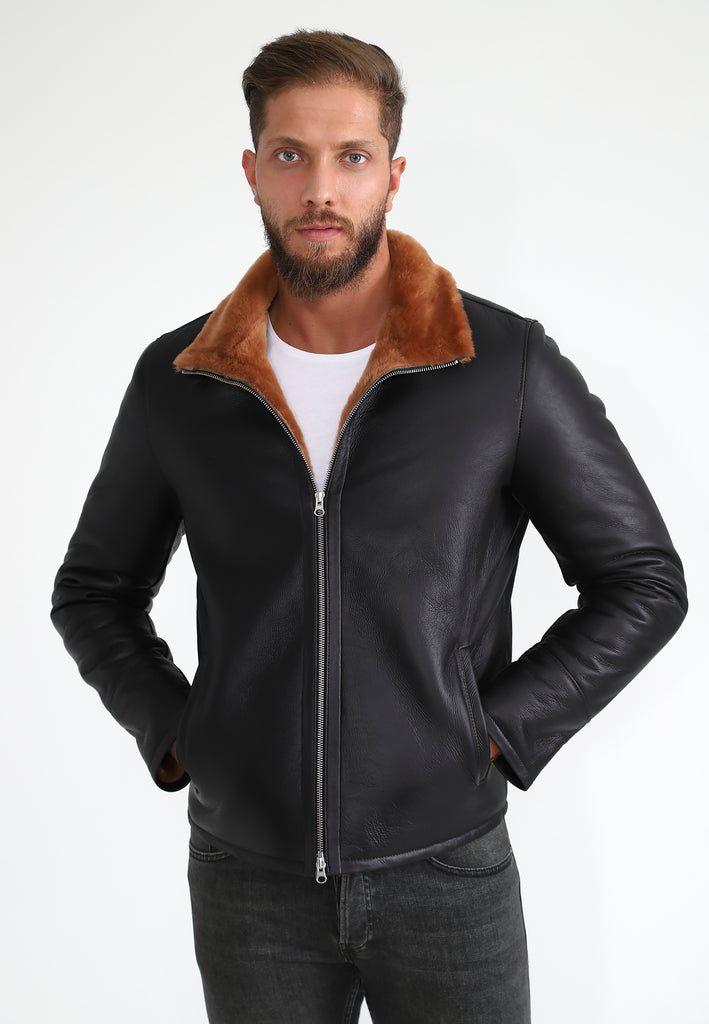 Mens Shearling Pilot Jacket - Silky Brown - Ginger Wool - 4