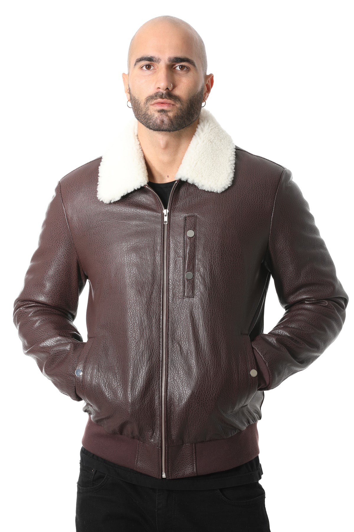 Herren-Bomberjacke aus echtem Leder mit Shearling-Futter, bordeauxrotem Nappa und weißer gelockter Wolle