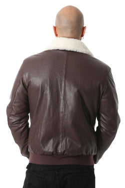 Image of Herren-Bomberjacke aus echtem Leder mit Shearling-Futter, bordeauxrotem Nappa und weißer gelockter Wolle