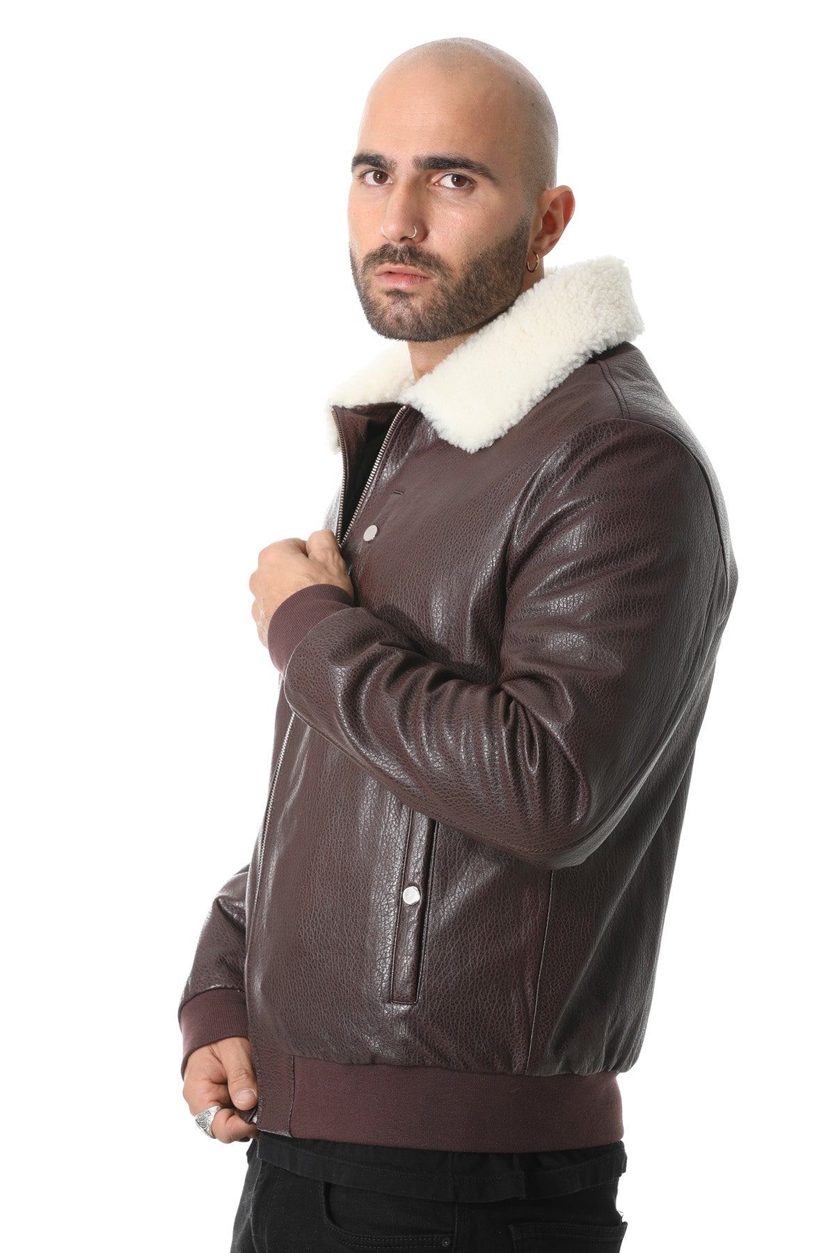 Herren-Bomberjacke aus echtem Leder mit Shearling-Futter, bordeauxrotem Nappa und weißer gelockter Wolle