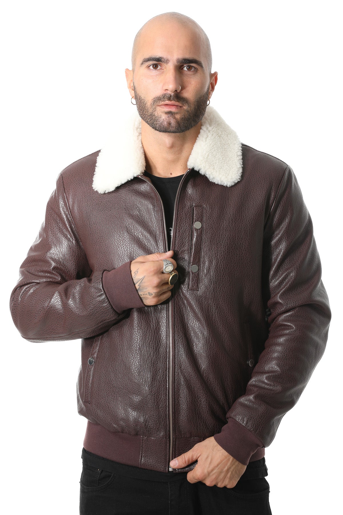 Herren-Bomberjacke aus echtem Leder mit Shearling-Futter, bordeauxrotem Nappa und weißer gelockter Wolle