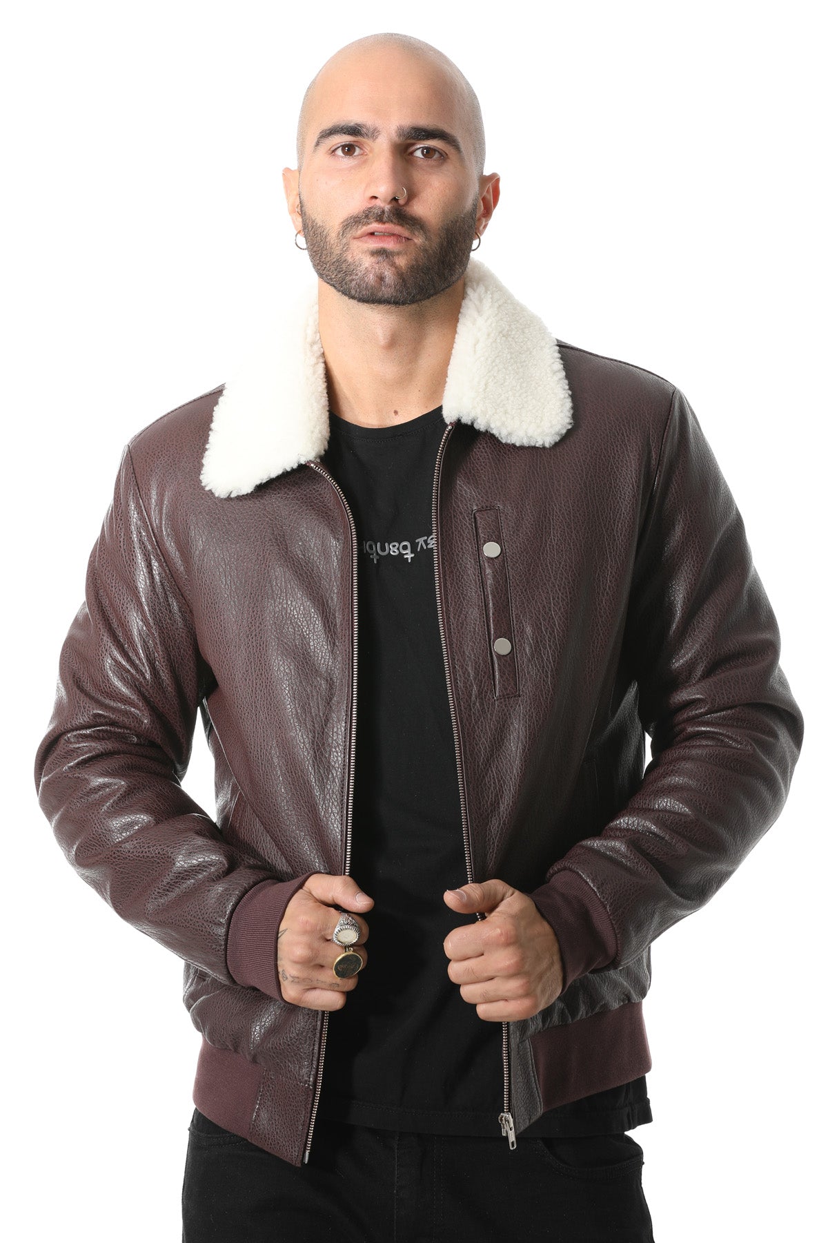 Herren-Bomberjacke aus echtem Leder mit Shearling-Futter, bordeauxrotem Nappa und weißer gelockter Wolle