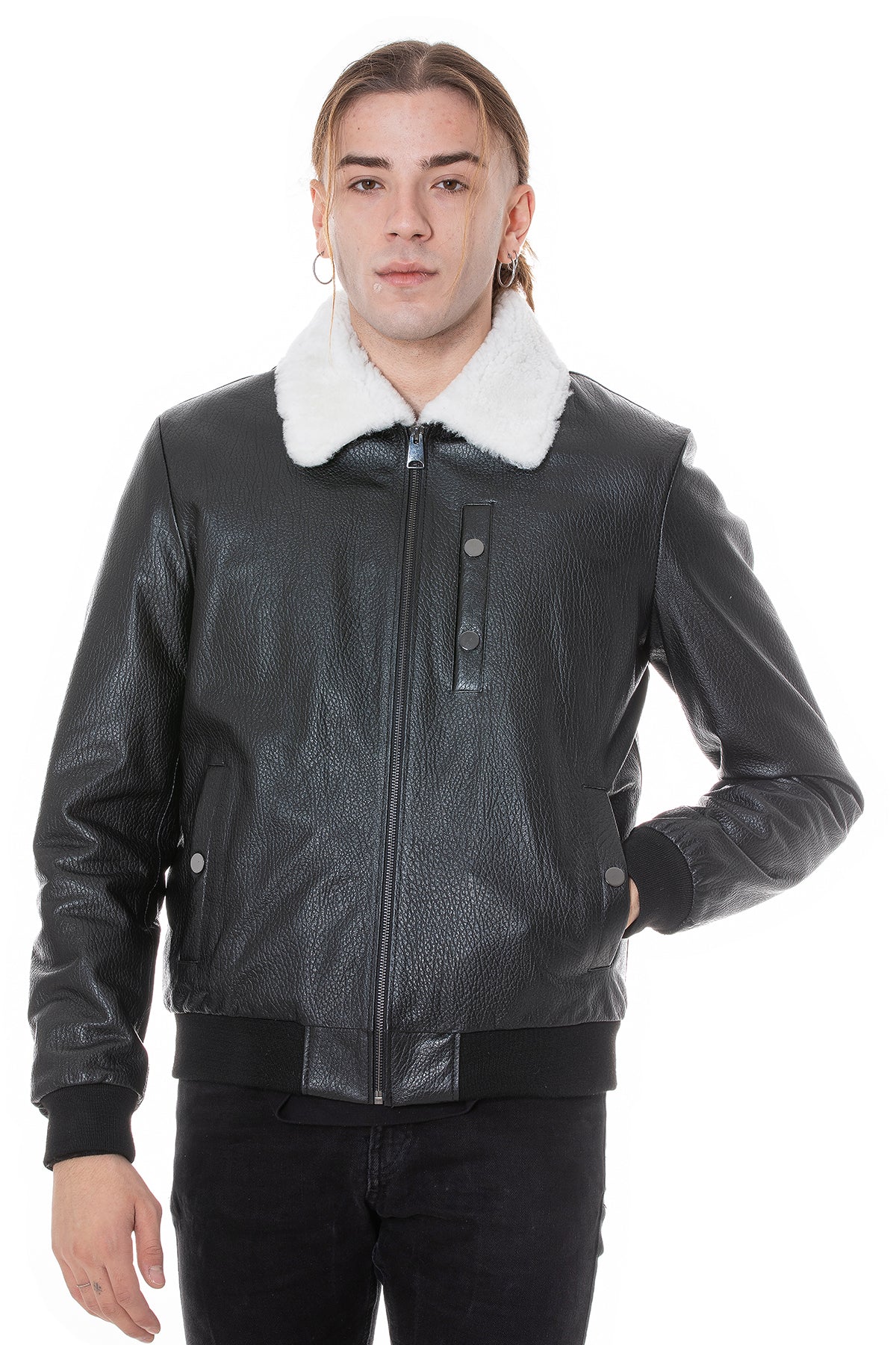 Herren-Bomberjacke aus echtem Leder mit Shearling-Futter, schwarzem Nappa und weißer gelockter Wolle