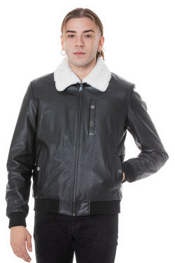 Image of Herren-Bomberjacke aus echtem Leder mit Shearling-Futter, schwarzem Nappa und weißer gelockter Wolle